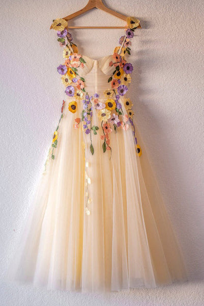 Chic Champagne A Line Appliques Tulle Tea Length Prom Dresses LD3062010