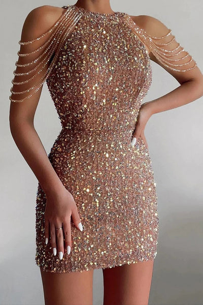 Champagne Jewel Neck Sequins Sheath Short Homecoming Dress MD101003