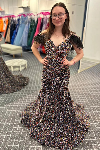 Mermaid Off the Shoulder Purple Sequins Cut Out Prom Dress with Feathers MD092306