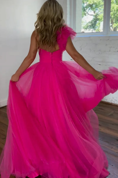Fuchsia A-Line One Shoulder Long Tulle Prom Dress with Ruffles DM3082704