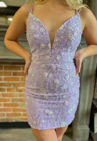 Lavender V Neck Beaded Spaghetti Straps Sheath Short Homecoming Dress MD091101
