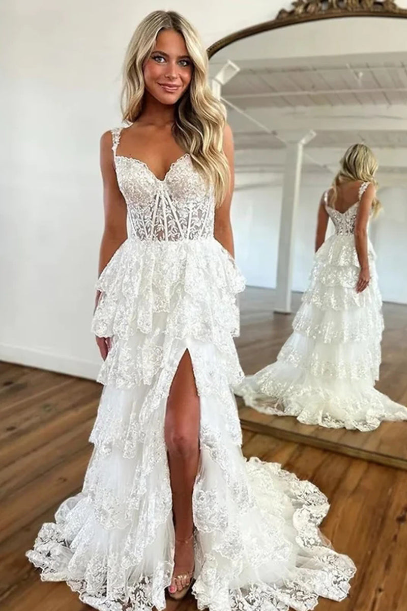White A-Line Layers Sweet Long Prom Dress,DP1638 main image 0