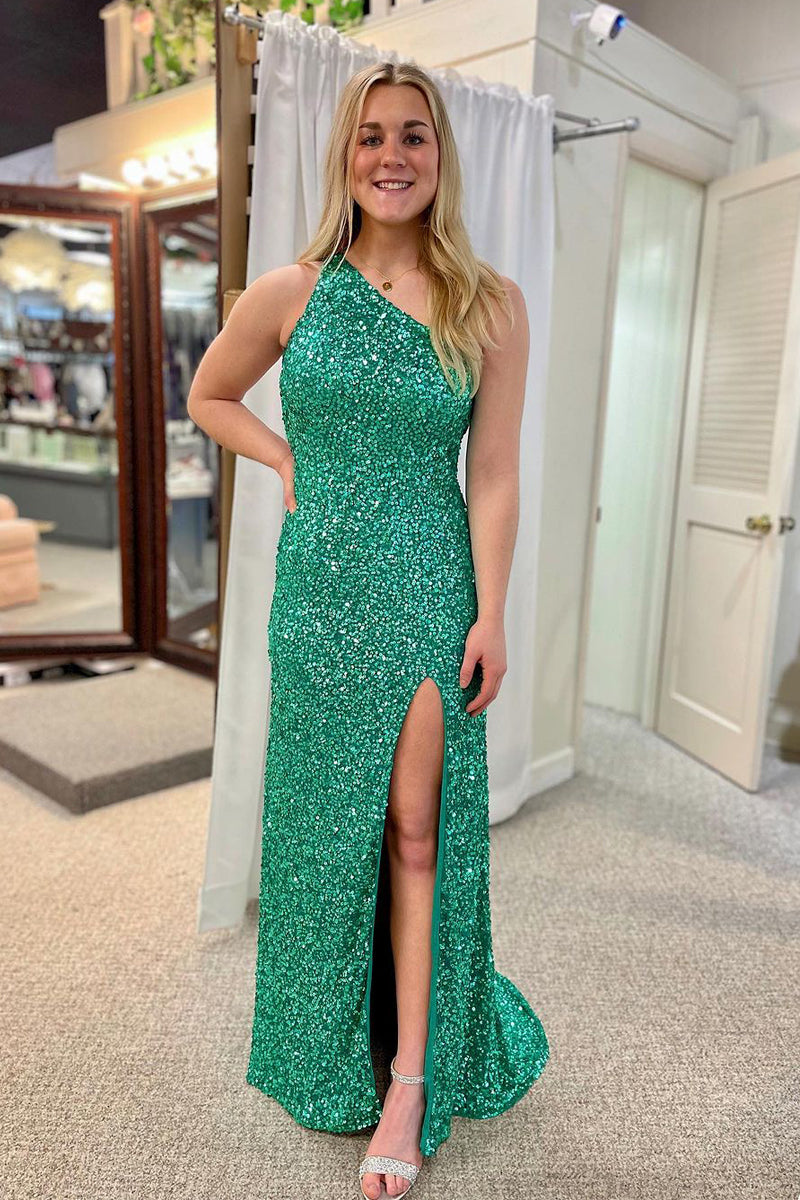 open lace back dress Green Sequins One Shoulder Mermaid Long Prom Dress MD4010910 – Dressmeet