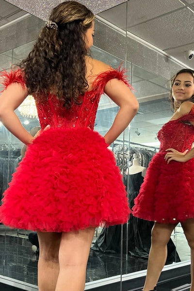 Sparkly Red Corset A-Line Short Homecoming Dress with Ruffles LD3062404