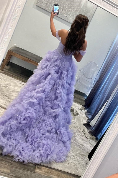 Lavender Tulle Off-the-Shoulder Long Prom Dress with Ruffles MD092402