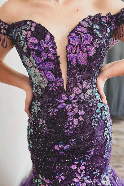 Grape Off the Shoulder Sequin Lace Mermaid Long Prom Dress MD121406