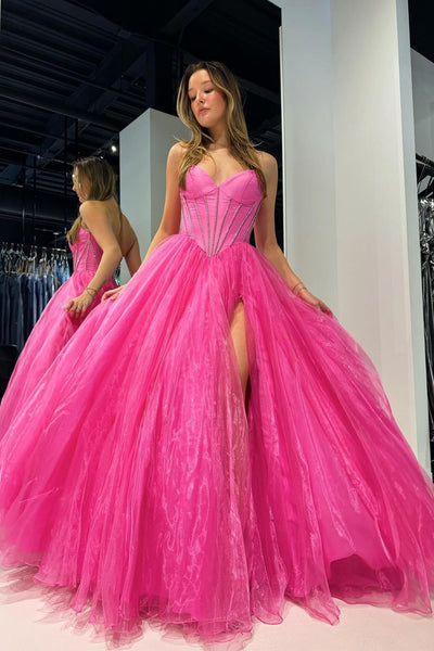 Pink Strapless Beaded Long Prom Dress with Slit MD4041002