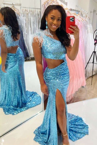 Blush Pink Sequin One-Shoulder Cutout Feathers Mermaid Long Prom Dress MD121204