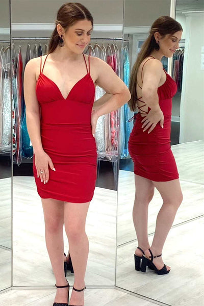 Red Appliques Plunge V Lace-Up Fitted Short Homecoming Dress MD090410