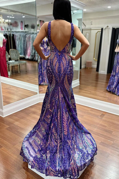 Sparkly Mermaid V Neck Purple Sequins Long Prom Dress MD4010204