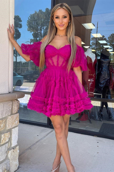 Red Sweetheart Puff Sleeve A-Line Short Party Dress with Ruffles LD3070704