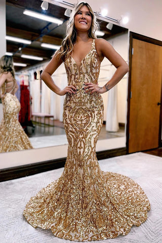 Golden V Neck Sequin Sparkly Mermaid Prom Dress MD092801
