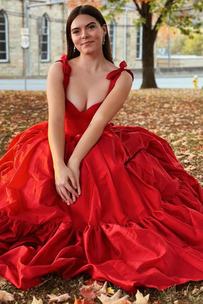 Red Sweetheart Bow Strap A-Line Long Prom Dress MD110904