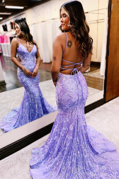 Hot Pink Sequin Lace V-Neck Trumpet Long Prom Dress MD111805