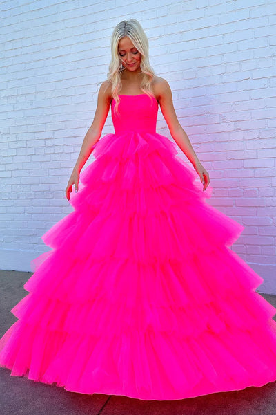 Hot Pink A-Line Strapless Tiered Tulle Long Prom Dress DM3082832