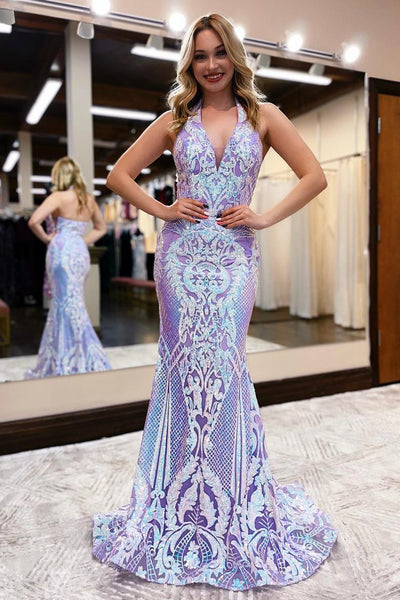 Lavender Sequins Lace Halter Mermaid Long Prom Dresses MD100307