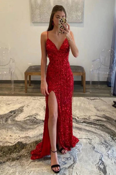 Burgundy Sequins Glitter Mermaid Prom Dress with Slit MD100705