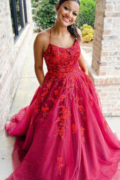 Sparkly Ball Gown Scoop Neck Red Tulle Long Prom Dress with Appliques DM090610