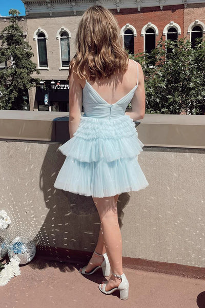 Glitter Black Tiered Spaghetti Straps Short Homecoming Dress LD3062301