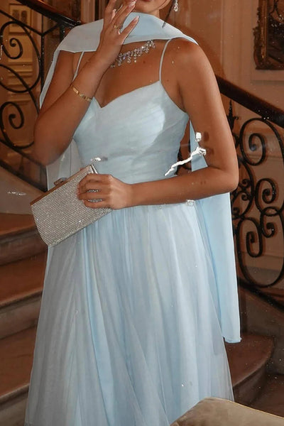 Elegant A Line Spaghetti Straps Sky Blue Long Prom Dress with Split Front MD112303