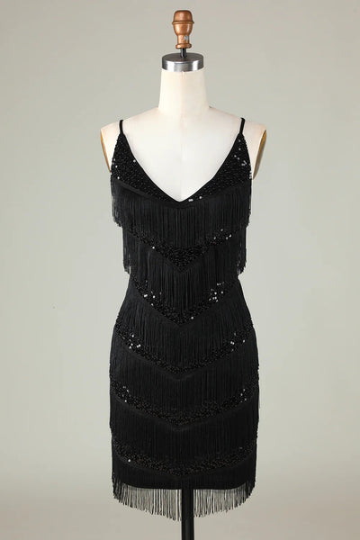 Sparkly Black Sequins Beaded Tight Short Homecoming Dress with Fringes MD091708