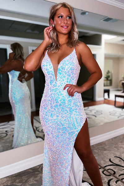White V Neck Sequins Long Prom Dresses with Slit DM091207