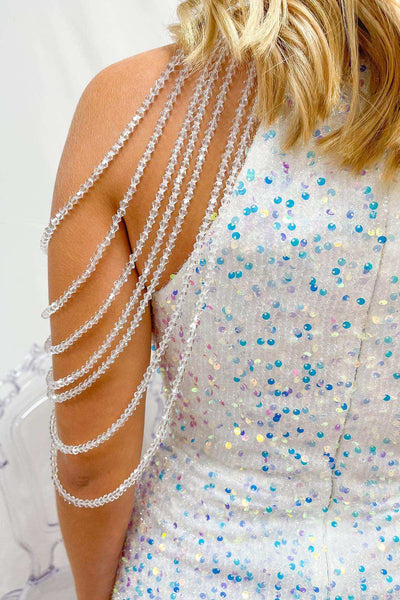 White Iridescent Sequin Halter Homecoming Dress with Fringes MD092101