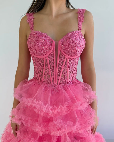 A-Line Sweetheart Hot Pink Ruffle Tiered Tulle Corset Prom Dresses Evening Gown with Side Slit DM25101603