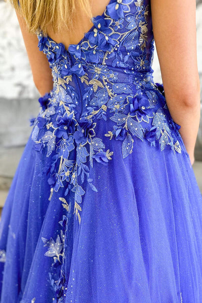 Periwinkle V-Neck Floral Embroidery A-Line Long Prom Dress MD112702