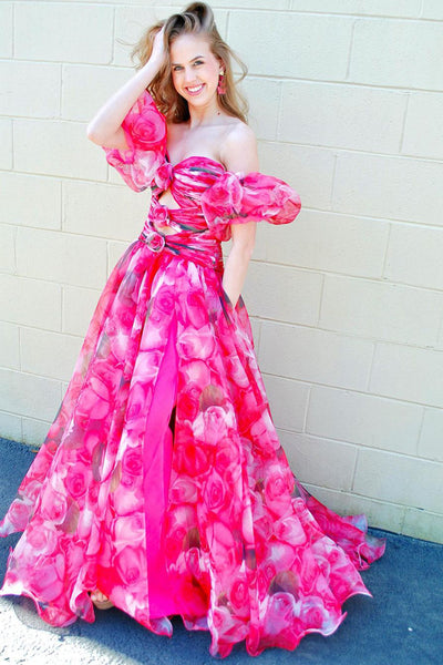 Floral Printed Strapless Long Prom Dress with Pockets MD4051505