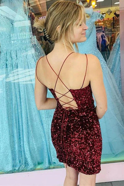 Burgundy Spaghetti Strap V Neck Sequins Homecoming Dresses LD3061703