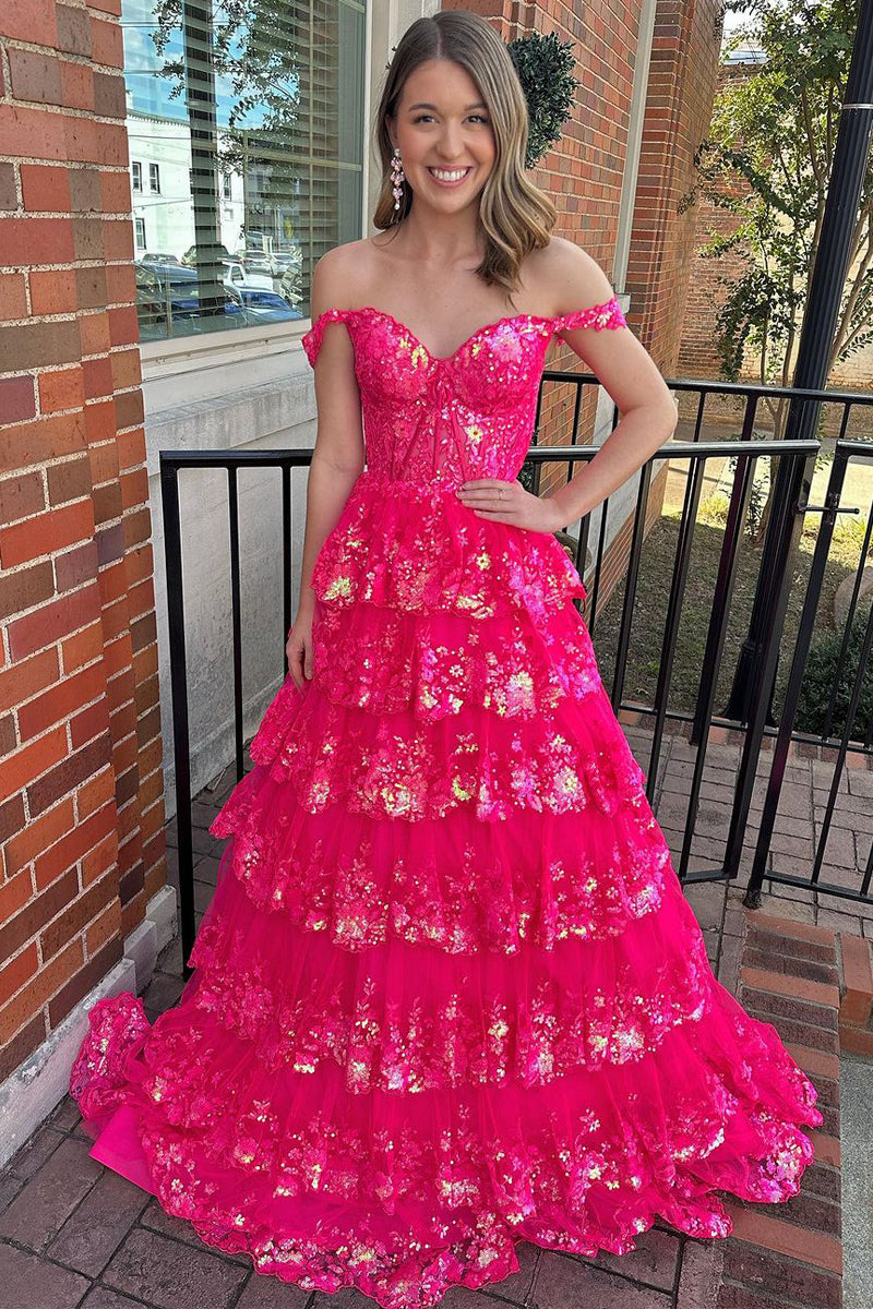 Hot Pink Sequin Lace Off the Shoulder Tiered Long Prom Dresses MD112107 Dressmeet Hot Pink Sequin Lace Off the Shoulder Tiered Long Prom Dresses MD112107 Dressmeet