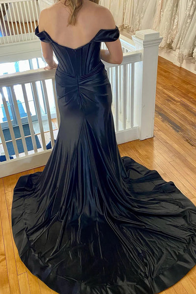 Black Corset Off the Shoulder Long Prom Dress with Slit MD092902