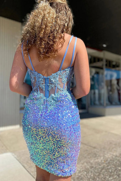 Sparkly Blue Corset Sequins Tight Short Homecoming Dress with Lace LD3062409
