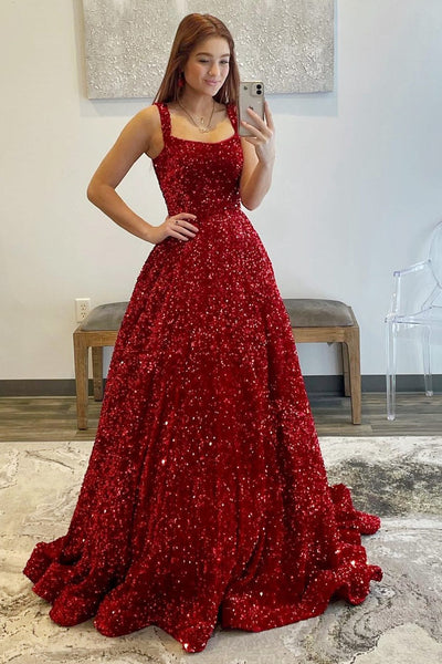 Red Sequin Square Neck Open Back Ball Gown MD092406
