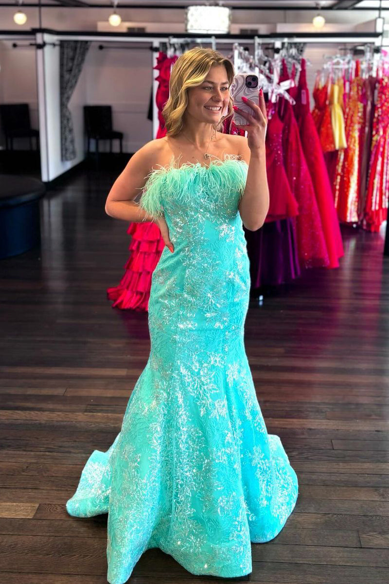 mint blue prom dress Mermaid Strapless Sequins Long with Feather MD4050405 – Dressmeet PF26ANNA Up Back Embellishment Size:7 kids Coast Guard Women's Dinner