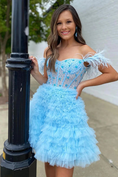 Sparkly Pink Corset A-Line Short Homecoming Dress with Feathers MD091703