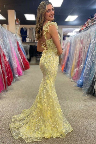 Yellow Sweetheart Sequins Lace Long Prom Dresses MD4012002