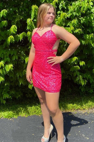 Pink Sequined Sweetheart Backless Mini Party Dress MD092010