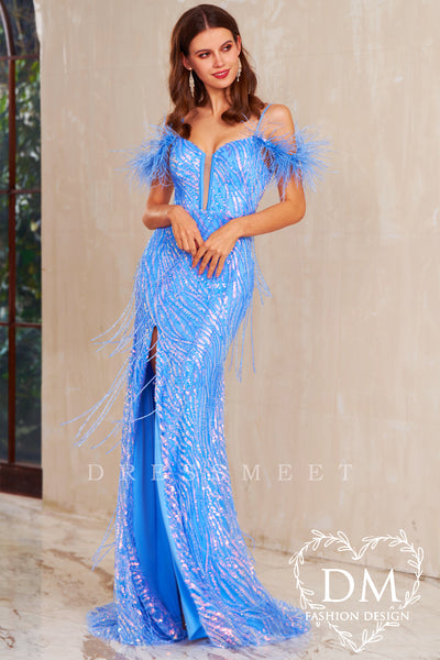 Blue Cold Shoulder Sequins Lace Long Prom Dress with Fringe MD122002
