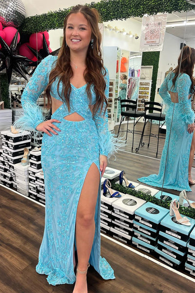 V Neck Blue Sequins Lace Mermaid Long Prom Dress with Feather MD4040503