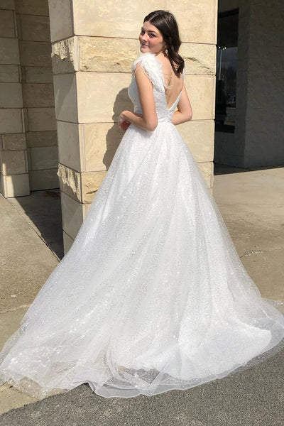 Sparkly A-Line Light Blue Sequins Long Prom Dress with Slit DM3082810