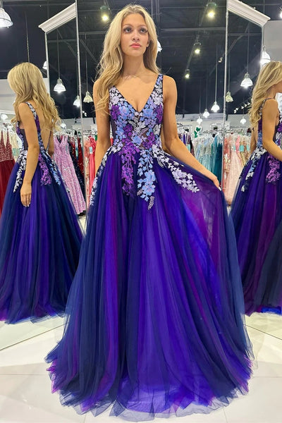 Purple Tulle Appliques V-Neck Open Back Long Prom Dress MD112005