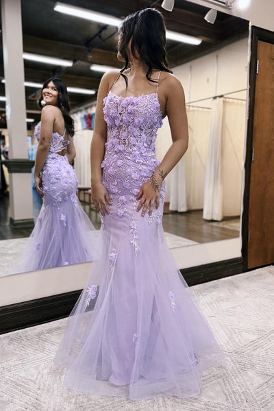 Mermaid Scoop Neck Lilac Lace Long Prom Dresses MD100409