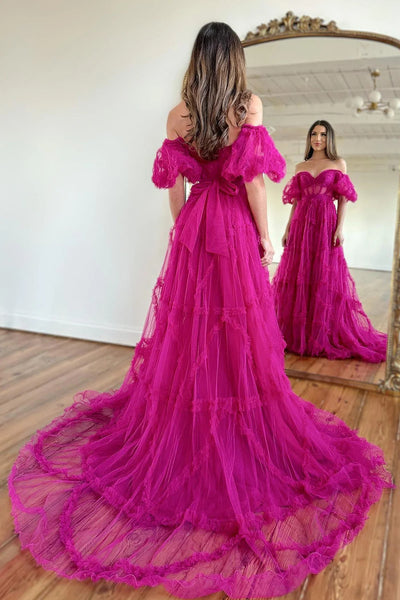 A Line Off the Shoulder Fuchsia Tulle Corset Prom Dress with Bowknot DM3082802