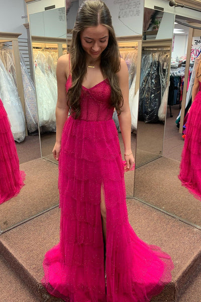 Fuchsia Beaded Layers Spaghetti Straps Long Prom Dress MD121304