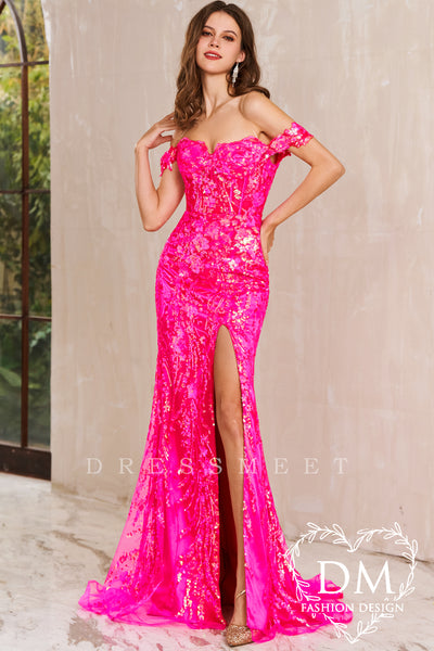 Hot Pink Off the Shoulder Mermaid Sequins Lace Long Prom Dress MD122001