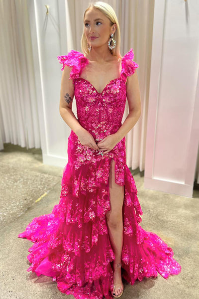 Hot Pink Sweetheart Ruffled Sequin Lace Tiered Long Prom Dresses MD121102