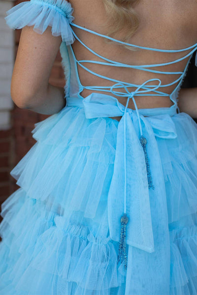Off the Shoulder Ruffle Blue Layered Tulle Prom Dress with Slit MD113002