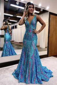 Blue Sequin Lace V Neck Mermaid Long Prom Dresses MD100303